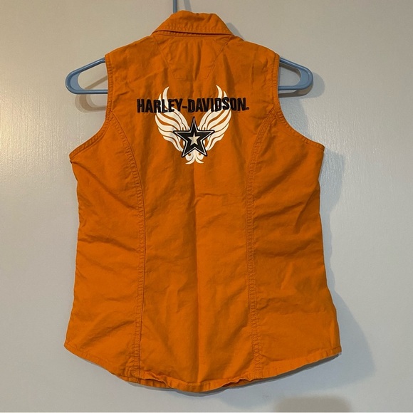 HARLEY DAVIDSON Moto Sleeveless Orange Button Down Shirt Size Small - Picture 2 of 11
